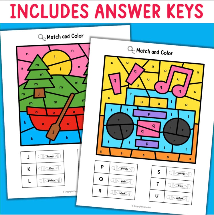Match and color answer key worksheets 42b37d09 with boat and boombox scenes for letter recognition 13196597