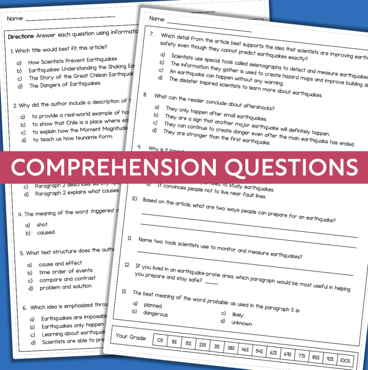 Comprehension questions worksheet 714f61d6 for earthquake reading passage with multiple choice and short answer