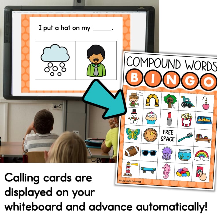 Compound words bingo game 12876424 with whiteboard calling cards displayed automatically for elementary intervention
