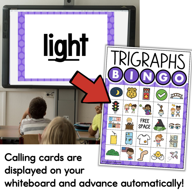 Trigraphs Bingo game 12966487 with digital calling cards displayed on whiteboard for elementary phonics practice