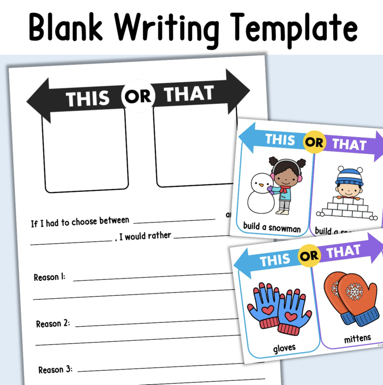 Blank writing template this or that worksheet with winter snowman gloves mittens prompts for elementary intervention