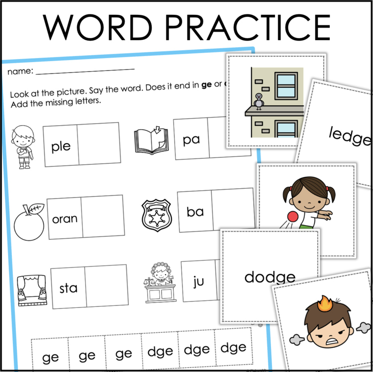 Word practice worksheet for ge and dge endings with flashcards showing ledge and dodge – 17164998