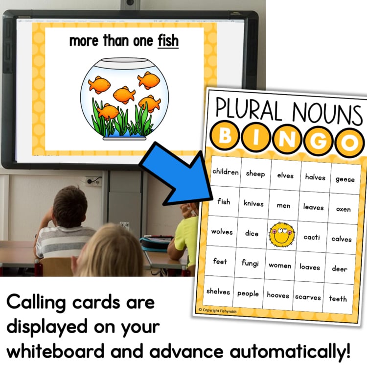 Plural nouns bingo game card with irregular plurals like fish, geese, and children for elementary intervention
