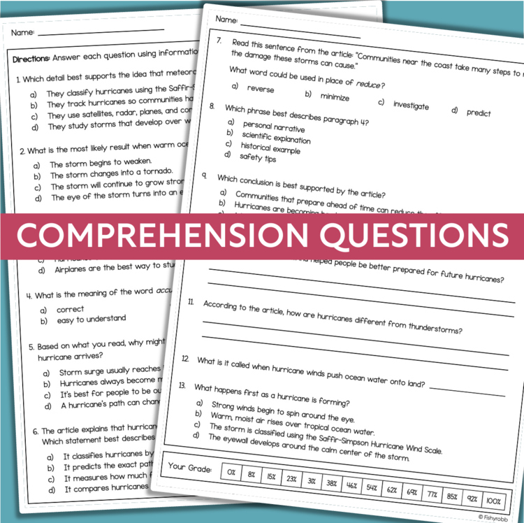 Overlapping classroom worksheets titled 'Comprehension Questions' featuring hurricane-related questions and blank answer lines, in a school setting.