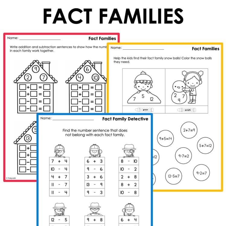 Fact families worksheets bundle b2ecae4c showing addition subtraction houses snow balls and detective activities