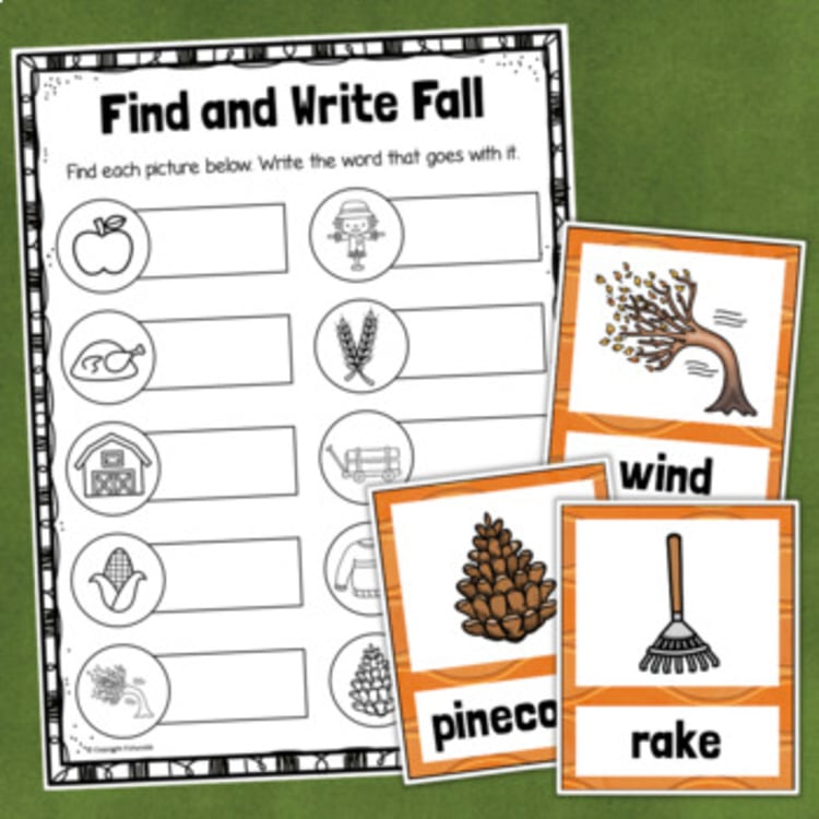 Find and Write Fall worksheet with word cards for wind, rake, and pinecone – large 1003468 activity