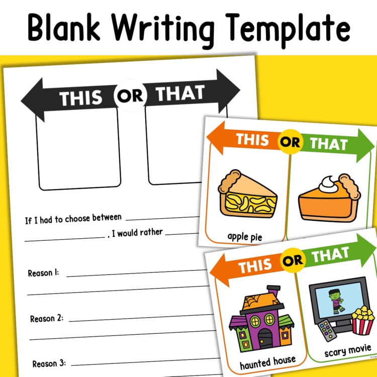 Blank writing template this or that activity with apple pie and haunted house vs scary movie cards c5443088