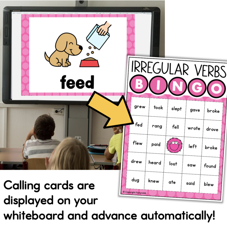 Irregular verbs bingo game 12952079 with feed calling card displayed on whiteboard for elementary intervention