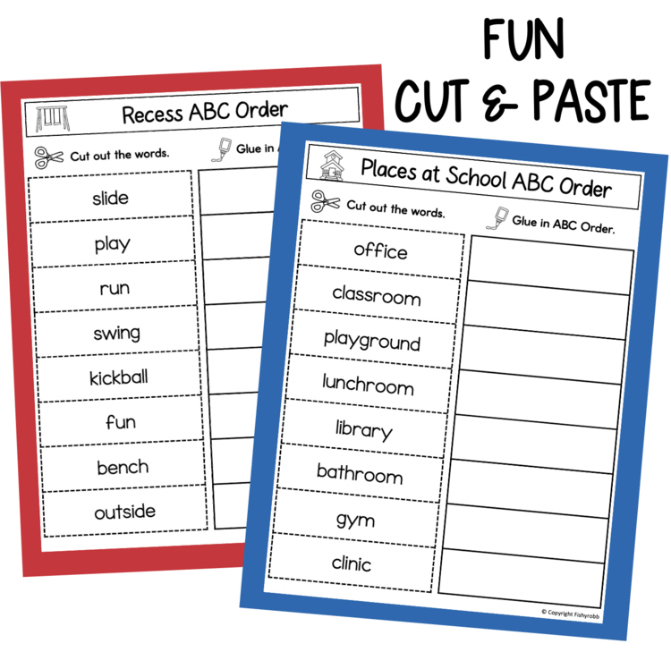 Fun cut and paste ABC order worksheets for recess and school places vocabulary, large print elementary activity 12026331