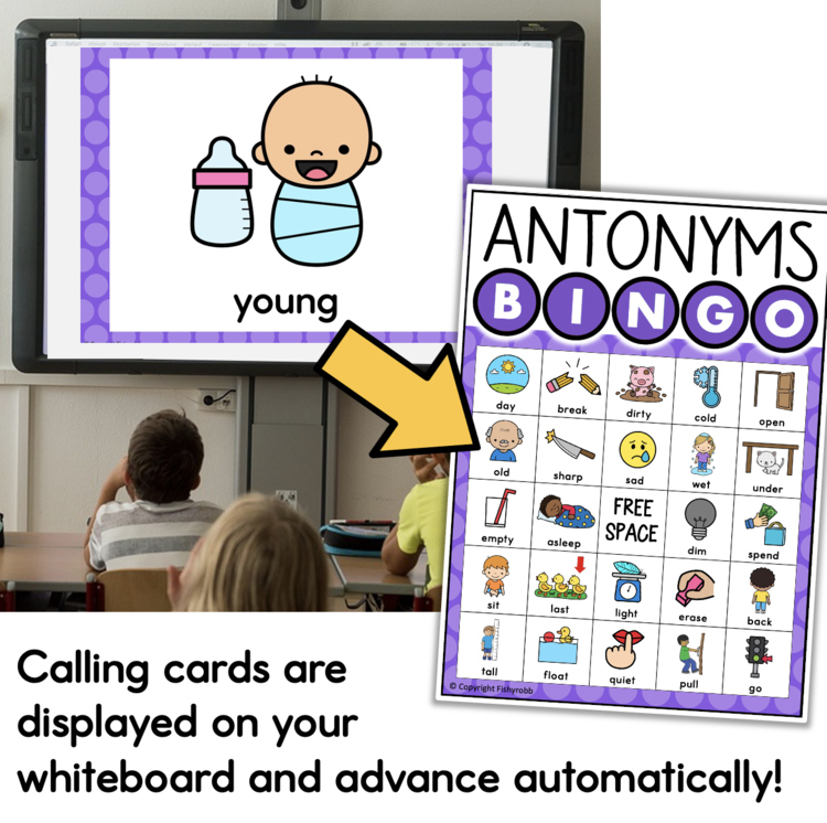 Antonyms Bingo game eadb644e calling cards displayed on whiteboard advancing automatically for elementary intervention