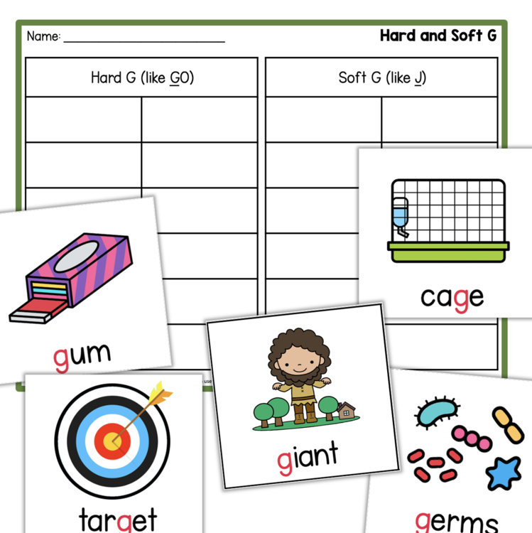 Hard and Soft G sorting activity fe2229e5 with word cards for gum, cage, giant, germs, target 330208
