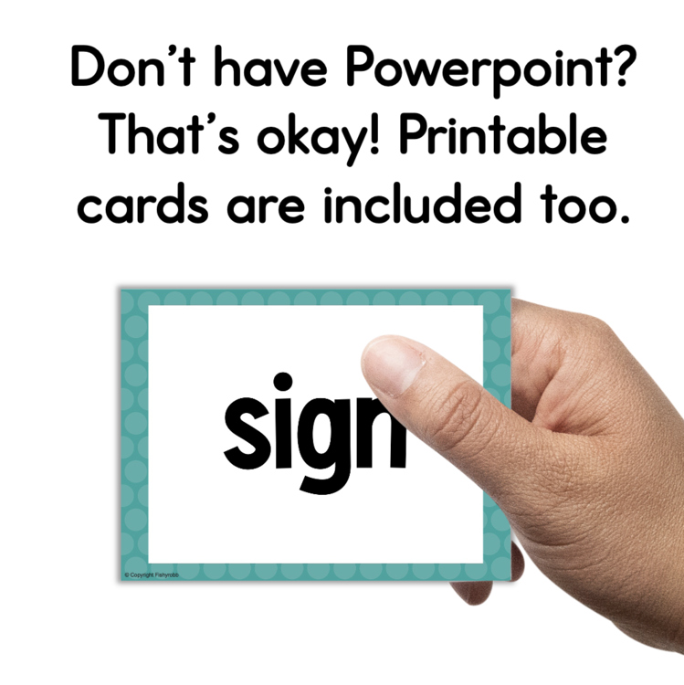 Printable sight word flash card showing 'sign' with teal polka dot border – no PowerPoint needed (12969288)
