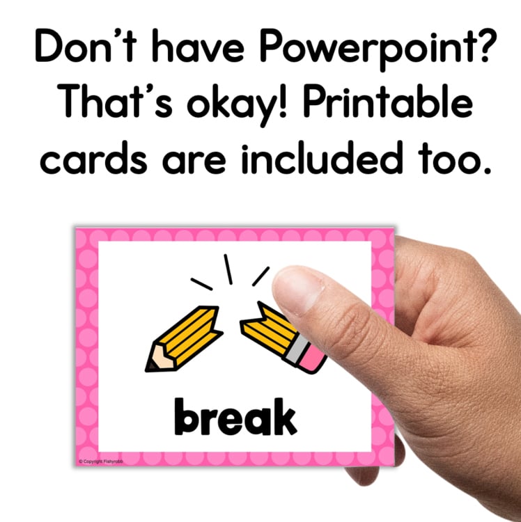 Printable break vocabulary flash card with broken pencil image, pink polka dot border – 12952079