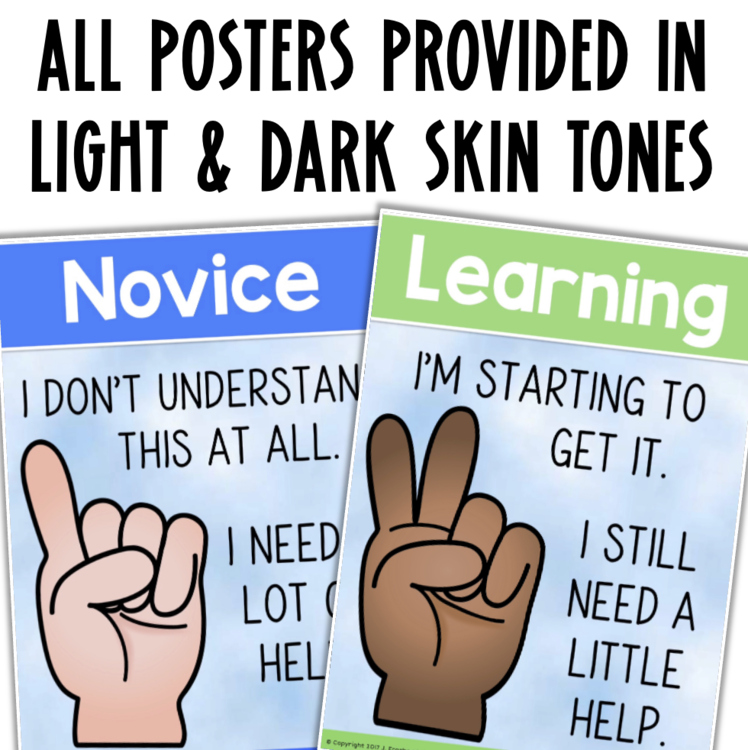 Novice and Learning classroom posters in light and dark skin tones showing hand signals for student understanding checks