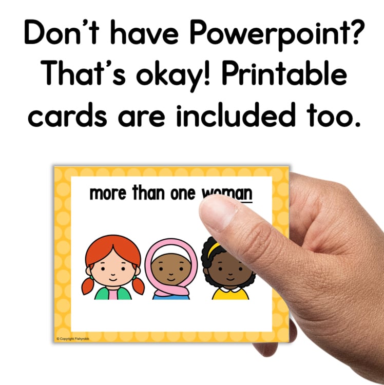 Printable flash card 12956377 showing 'more than one woman' with diverse girl illustrations for elementary intervention