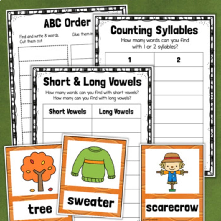 Fall literacy word cards 48984987 with ABC order, counting syllables, and short & long vowels worksheets 1003468