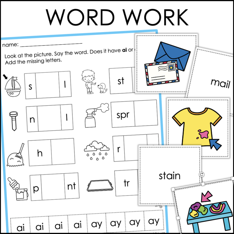 Word work AI and AY vowel teams worksheet with picture cards including mail and stain for elementary intervention