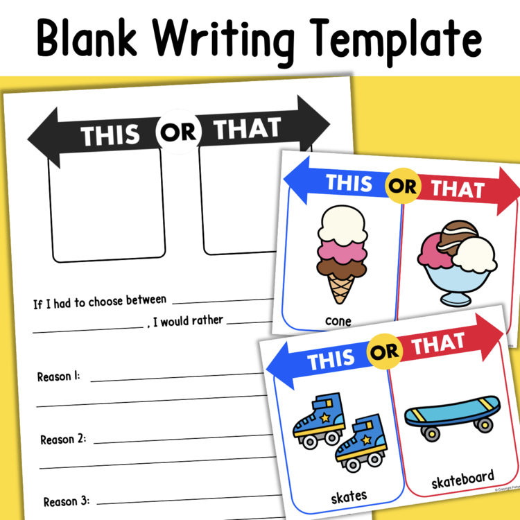 This or That blank writing template with ice cream cone vs sundae and skates vs skateboard prompts 13850417