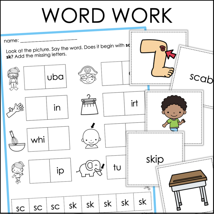 Word work worksheet with sc and sk blends activity cards for elementary intervention b5edb017