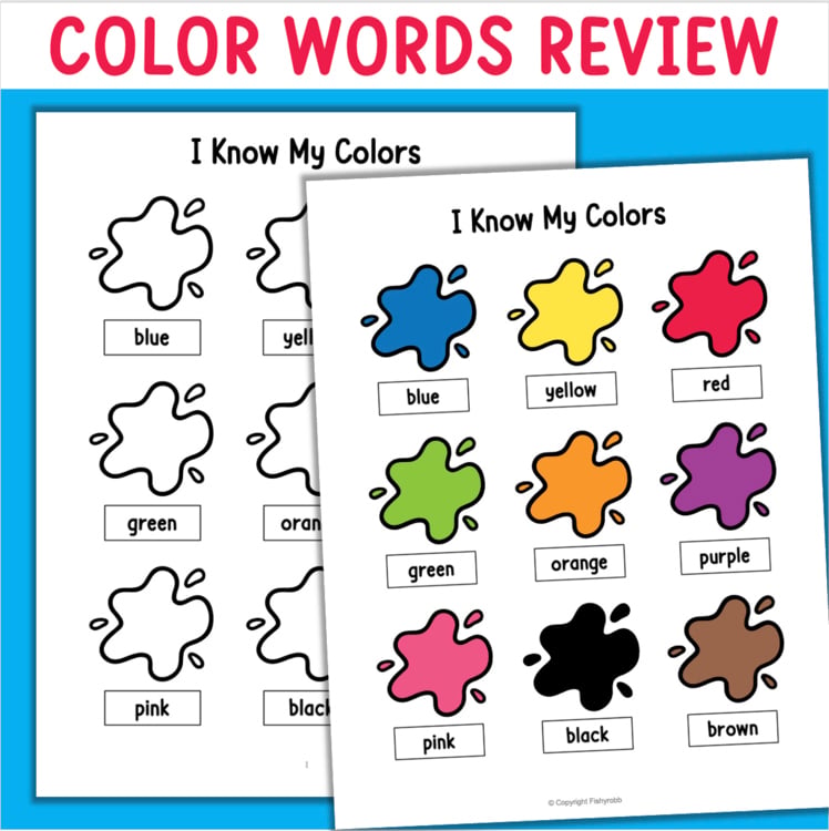 Color words review worksheet 13196597 showing paint splat shapes labeled blue yellow red green orange purple pink black brown