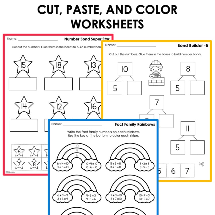 Cut paste and color math worksheets cd3ff096 number bonds fact family rainbows elementary intervention 15691891