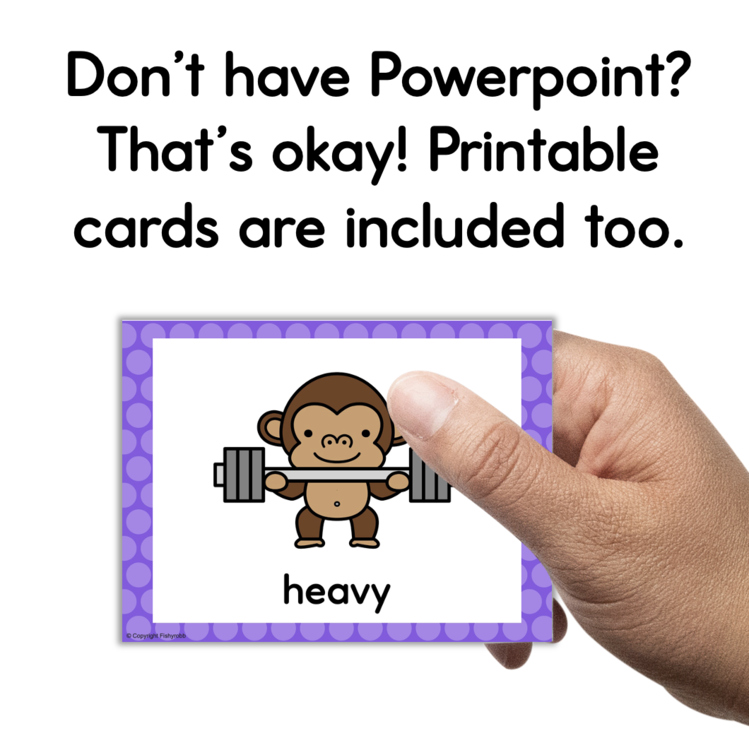 Printable vocabulary flashcard ce453b5c showing monkey lifting weights labeled heavy, purple polka dot border 12886881