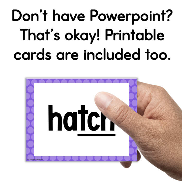 Printable flashcard 12966487 showing word 'hatch' with purple polka dot border for elementary intervention
