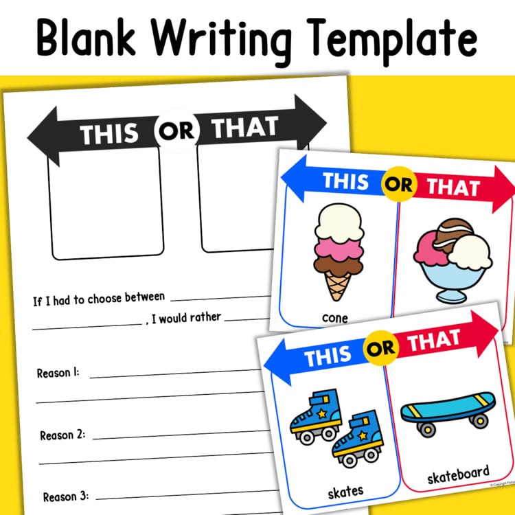 This or That blank writing template d8937720 with ice cream cone vs sundae and skates vs skateboard prompts