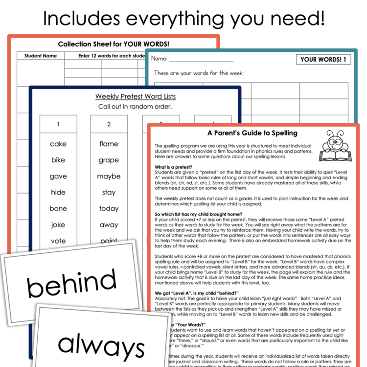 Spelling program bundle da351038 includes word lists, parent guide, pretest sheets, and sight word cards 17051682